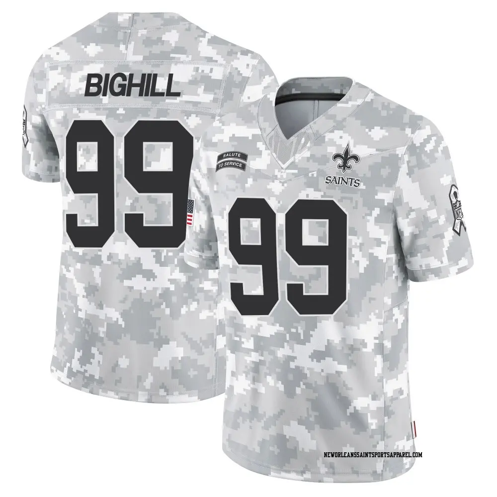 Limited Arctic Camo Youth Adam Bighill New Orleans Saints 2024 Salute to Service Jersey